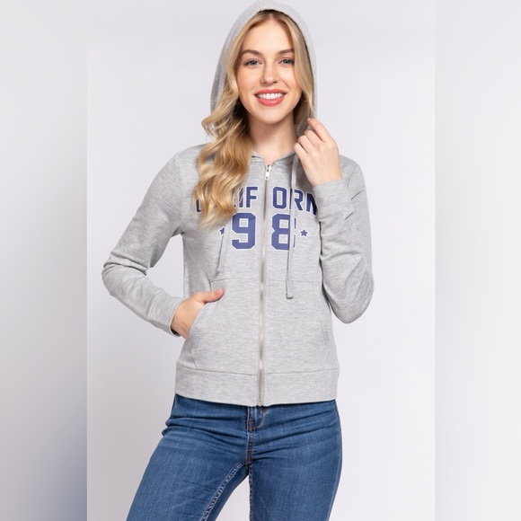 ACTIVE BASIC CALIFORNIA Zip Up Drawstring Long Sleeve Hoodie - Picture 3 of 5